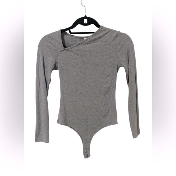 Other - Grey Asymmetrical Neckline Long Sleeve Bodysuit | Size S | NWOT